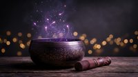 Mystical singing bowl with magical purple energy and sparkles emanating from ornate metal vessel on wooden surface with warm bokeh lights background.