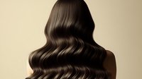 Elegant brown wavy hair cascading down woman's back against neutral beige background, showcasing luxurious hairstyle for salon advertising.