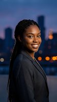 Professional African American businesswoman with braided hair smiling confidently against urban city skyline at dusk for corporate success concepts.