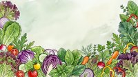 Organic vegetables and fresh produce arranged in a decorative border frame with leafy greens, root vegetables, and herbs on watercolor background for culinary and food design projects.