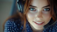 Young woman with bright blue eyes, freckles and gentle smile wearing headphones in soft natural lighting, close-up portrait against blurred background.