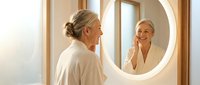 Middle-aged Caucasian woman in white bathrobe looking at herself in illuminated round mirror, enjoying morning skincare routine in modern bathroom.