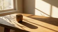 Wooden cup on natural wood table with warm sunlight streaming through window, creating long shadows and minimalist aesthetic for home decor and lifestyle projects.