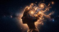 Woman silhouette with cosmic galaxy brain and swirling stars flowing from head against deep space background for creative design projects.