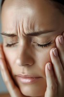 Close up portrait of young woman with closed eyes touching temples showing signs of headache, migraine or stress. Facial expression of pain and discomfort.