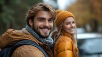 Young bearded man in brown jacket and scarf smiling at camera with blonde woman in orange winter coat and knit hat in background during autumn season.