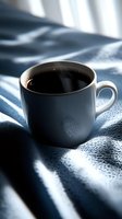 White ceramic cup of black coffee on rumpled bed sheets with morning light casting striped shadows through window blinds.