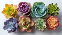 Colorful succulent plants arranged in two rows, showcasing diverse shapes and vibrant hues from purple and blue to yellow, green, and orange.