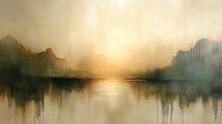 Atmospheric mountain lake landscape at sunset with reflections in calm water, painted in soft brown and blue tones with misty ethereal effect.