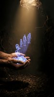 Cupped hands holding glowing holographic human figures in underground cave with dramatic sunlight beam creating mystical atmosphere for spiritual concepts.