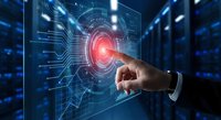 Businessman hand touching futuristic digital interface with glowing red core in modern data center server room for technology innovation concepts.