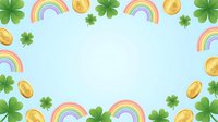St. Patricks Day festive border frame with shamrocks, rainbows, and gold coins on light blue background for holiday greeting cards.