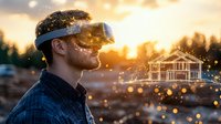 Young man wearing virtual reality headset with digital house projection floating in golden sunset light, magical bokeh effect creates futuristic real estate visualization.