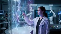 Young female scientist in white lab coat analyzing holographic DNA double helix structure in modern laboratory with advanced technology and digital interface.
