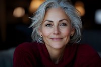Confident mature woman with silver gray hair and natural makeup wearing burgundy sweater smiles warmly against dark background with soft bokeh lights.