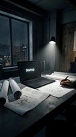 Startup workspace at night with laptop, blueprints, and a hand sketching plans under a spotlight in a moody industrial office.