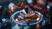 Glowing house model surrounded by futuristic circular interface and rising graph chart, representing real estate market analysis and smart home technology in dark environment.