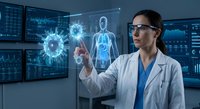 Female doctor in white coat analyzing holographic virus models and human anatomy on futuristic digital interface for medical research and healthcare technology.