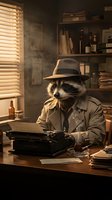 Anthropomorphic raccoon detective wearing fedora and trench coat working at typewriter in vintage office with warm lighting, shelves, and noir atmosphere for creative projects.