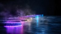 Futuristic glowing neon lights reflecting on dark water surface with purple and blue luminous effects creating mystical atmospheric background.