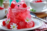 Pink bear-shaped jelly dessert decorated with fresh raspberries and white daisies on plate, creative food styling for children party or celebration.