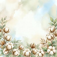 Watercolor cotton flowers frame with soft pastel background, green leaves, and delicate botanical border for wedding cards and invitations.