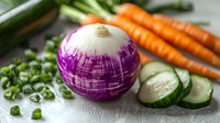 Fresh purple and white turnip with sliced cucumber, green onions, and organic carrots on light background, healthy raw vegetables for cooking and salads.