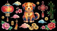 Cute dog with Asian-inspired decorative elements isolated on transparent background. Ready for t-shirt design, clipart, stickers, print-on-demand products, and sublimation projects.