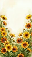 Watercolor yellow orange cosmos flowers frame border on cream background with copy space for text and design projects.