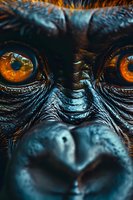 Close-up macro shot of primate eyes with intense amber-colored irises and detailed skin texture showing deep wrinkles and dark fur around orbital area.