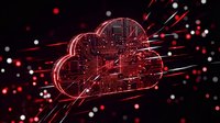 Digital cloud network with glowing red circuit patterns and data streams on dark background, representing cloud computing, data storage, and network technology for tech and business applications.