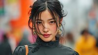 Young Asian woman with messy updo hairstyle wearing black turtleneck sweater looking at camera with confident expression in urban colorful background setting.