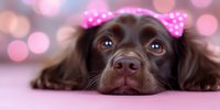 Adorable brown spaniel dog lying down with pink bow accessories against soft pink bokeh background, close up portrait showing expressive eyes and nose.