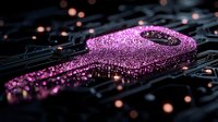 Pink glittery key on dark circuit board background with bokeh lights creates magical cybersecurity concept for digital data protection and access control.