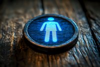 Glowing blue male restroom symbol on wooden circular sign with dramatic lighting and textured wood background creates modern minimalist design element.