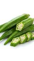 Fresh green okra pods with sliced pieces showing seeds isolated on white background for cooking and healthy eating concepts.
