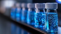 Clear glass vial with white cap filled with blue sparkling liquid and bubbles, arranged in a row with similar bottles blurred in background, suitable for pharmaceutical, cosmetic, or scientific product marketing.