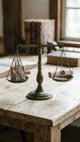 Vintage brass scales of justice on wooden table with legal documents and gavel in warm sunlit courtroom setting for law and legal concepts.