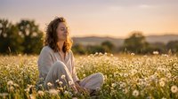 Peaceful young woman with curly hair meditating in blooming daisy field during golden hour sunset, practicing mindfulness and wellness in nature.