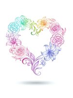 Pastel floral heart wreath with roses, lilies and carnations in rainbow gradient colors isolated on white background for romantic design projects.