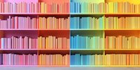 Colorful rainbow gradient bookshelf with books arranged by color from pink to yellow. Modern library interior design showcasing ombre book spines on wooden shelves.