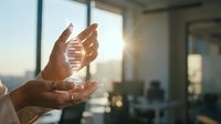 Hands holding glowing DNA helix hologram in modern office with sunlight, representing biotechnology, genetic research, and scientific innovation for healthcare and medical applications.