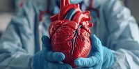 Anatomical heart model held in gloved hands of medical professional, showing detailed cardiovascular structure with arteries and veins in vibrant red against blue background.