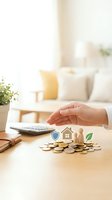 Hand protecting wooden house model with shield and leaf icons over coins on desk with calculator for home insurance and eco-friendly property investment concept.