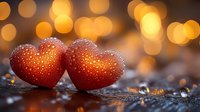 Red heart decorations with water droplets against blurred golden bokeh lights creating romantic Valentine's Day atmosphere on dark reflective surface.