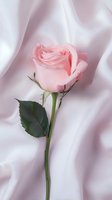 Single delicate pink rose with green stem and leaves against soft flowing white satin fabric background, creating romantic and elegant mood.