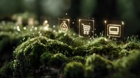 Glowing digital icons hovering over lush green moss, representing e-commerce and technology integration with nature for sustainable business concepts.
