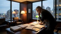 Professional businesswoman working late in modern corner office with city skyline view, reviewing documents and contracts at executive desk during evening hours.