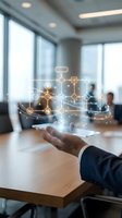 Businessman hand holding smartphone with glowing digital network icons and connections in modern office meeting room for technology presentations.