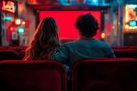 Young couple sitting in empty movie theater with red screen glow, back view. Dark cinema interior with neon lights creates romantic atmosphere for date night.